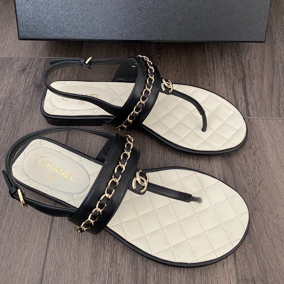 2023 CHANEL CC LOGO BLACK THONG LEATHER FLAT SHOES SANDALS 37 - Picture 6 of 16